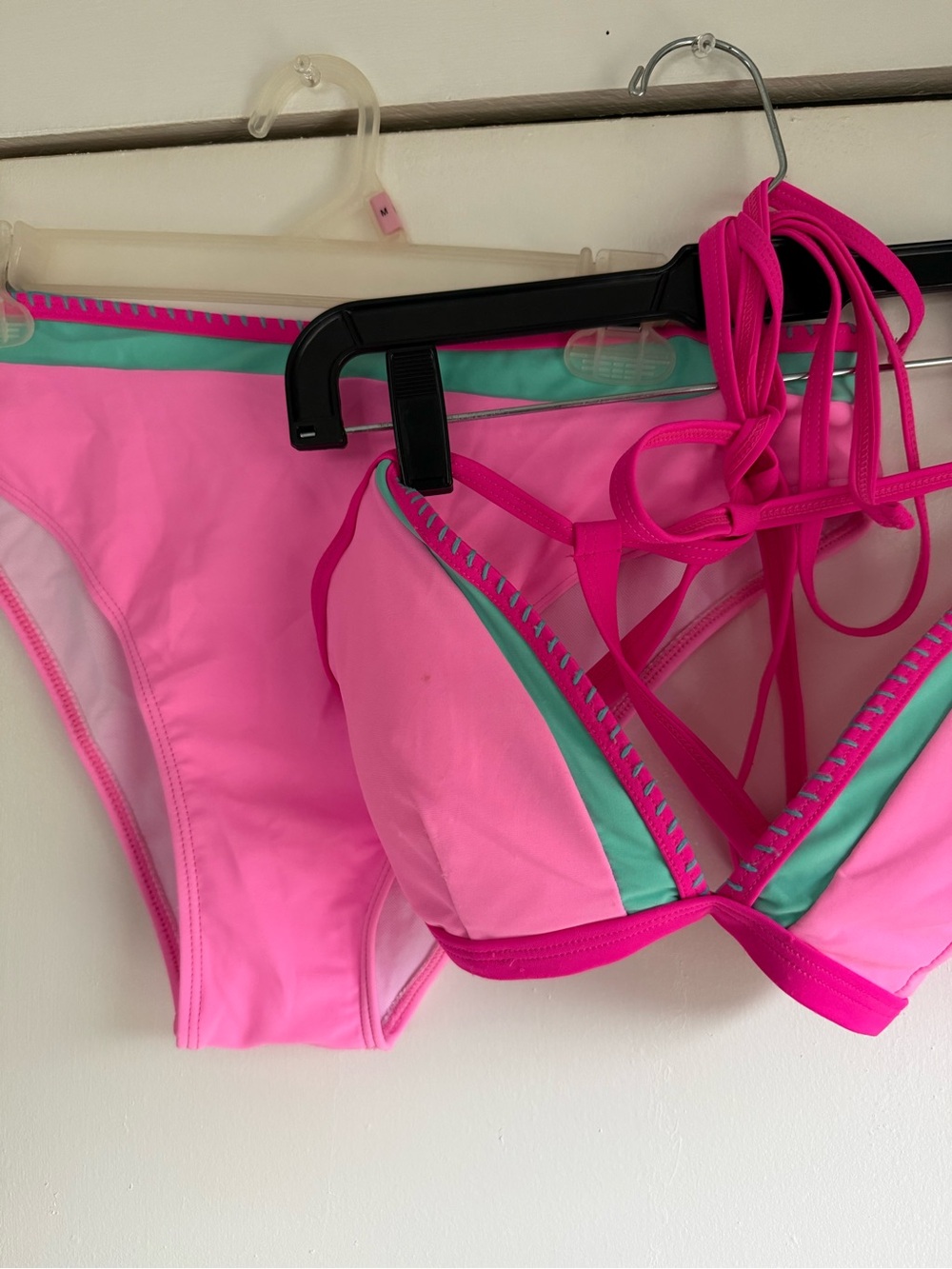 Hot Pink & Aqua Strappy Triangle Bikini Top and Brief Set